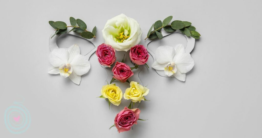 beautiful flowers on a grey background arranged in the shape of a uterus